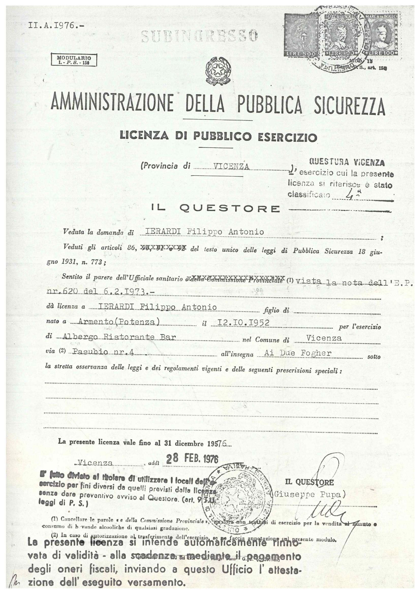 Licenza di Pubblico Esercizio rilasciata dal Questore di Vicenza nel 1976 ad Ai Due Fogher
