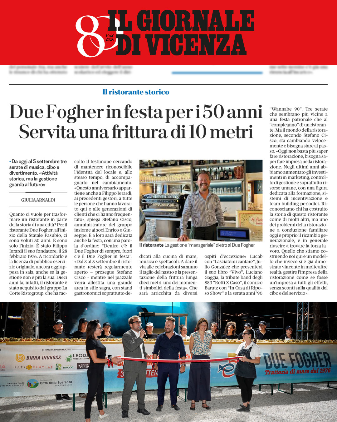 Articolo del Giornale di Vicenza dedicato ai 50 anni del Due Fogher